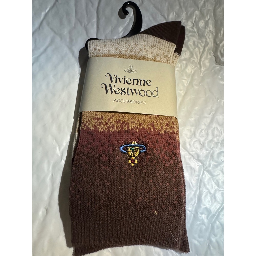 Vivienne Westwood Brown Gradient Orb Logo Knit Crew Socks Made in Japan NEW